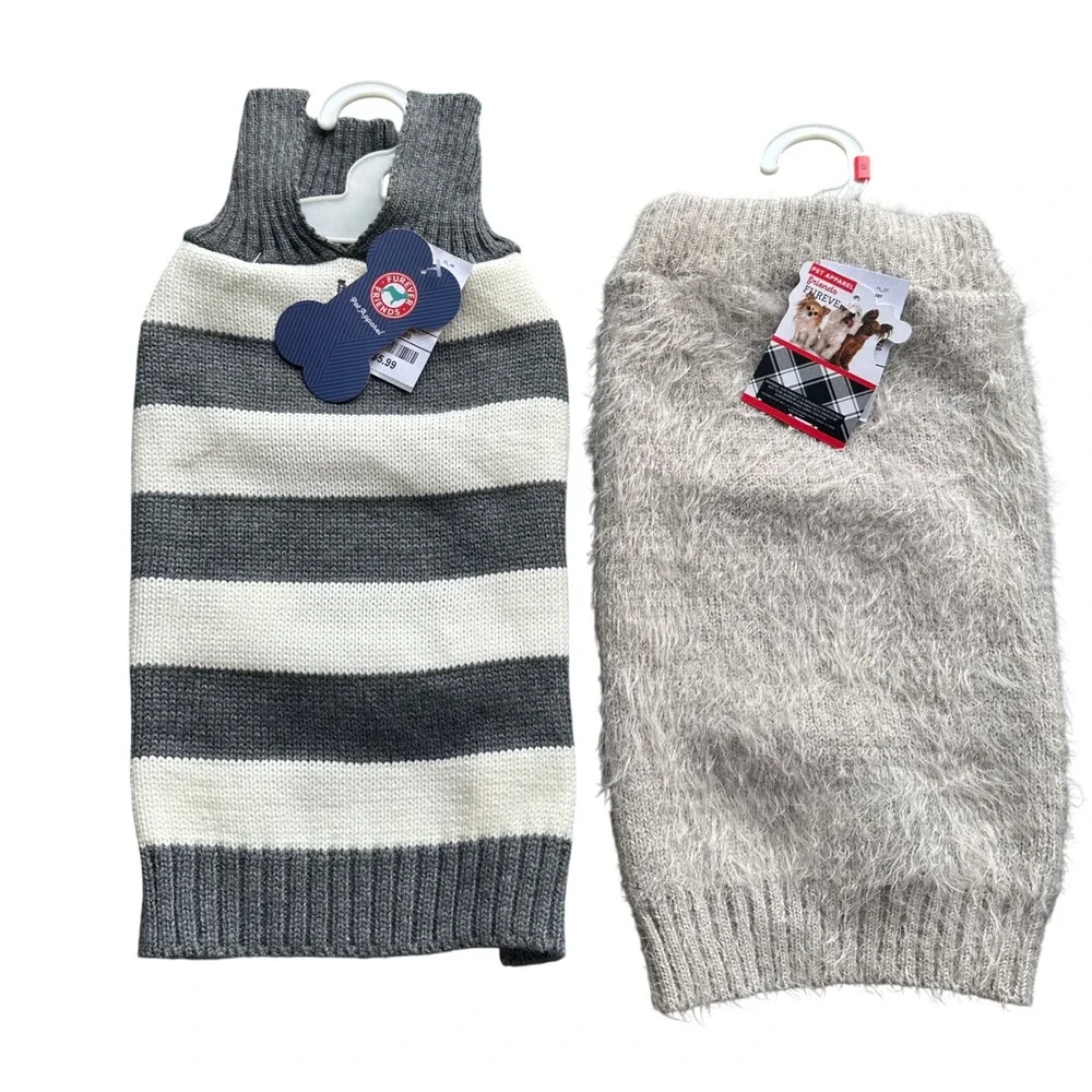 Furever Friends Dog Sweater Bundle Small Grey‎ Striped & Fuzzy Taupe Knit 2pc